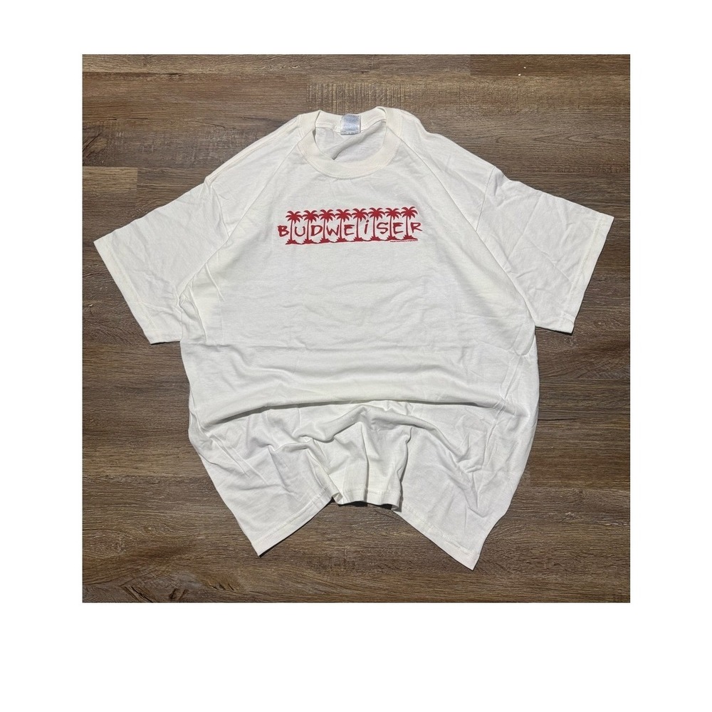 VTG 2003 Budweiser Beer Palm Tree Graphic T Shirt Mens XL White Gildan Heavy